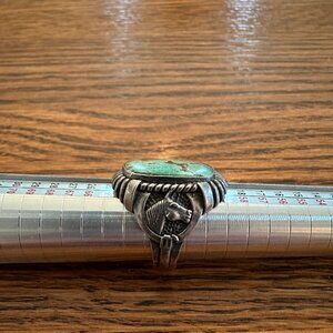 Vintage Turquoise and Silver Men's Ring with Horse Heads